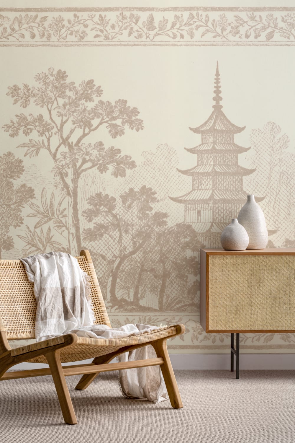 Carta da parati orientale beige Pagoda Paesaggio Serenità