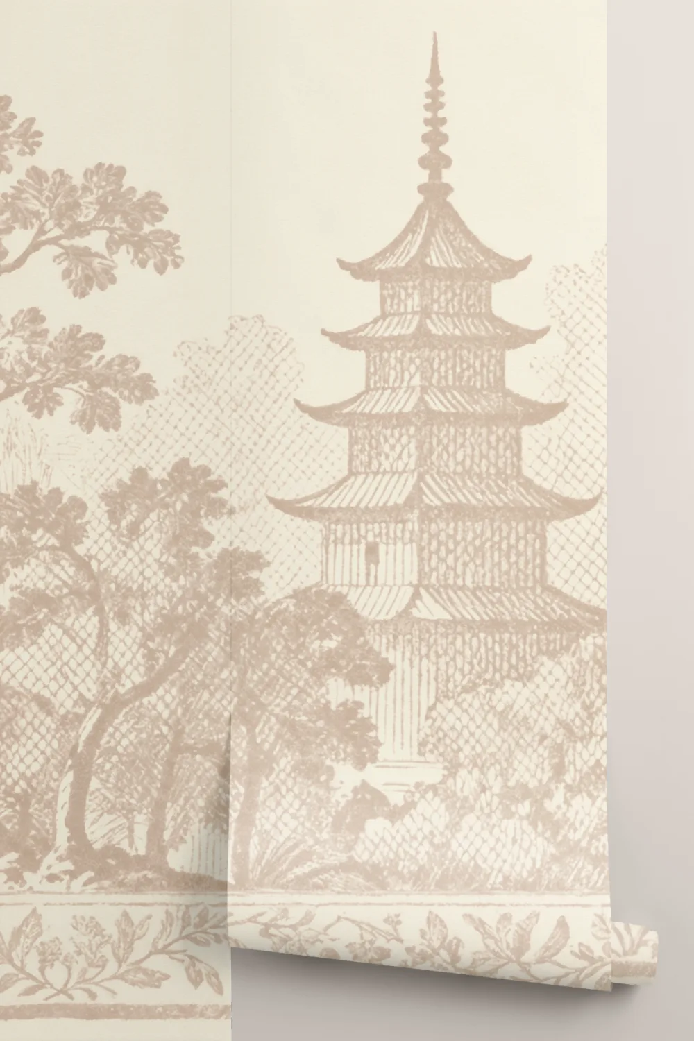 Carta da parati orientale beige Pagoda Paesaggio Serenità