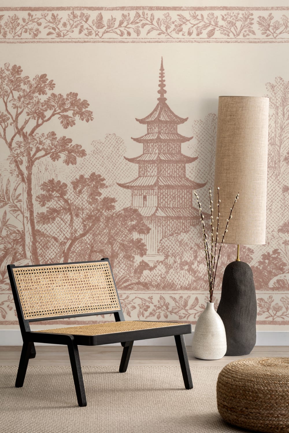 Warm Oriental Pagoda Landscape Vintage Style Mural