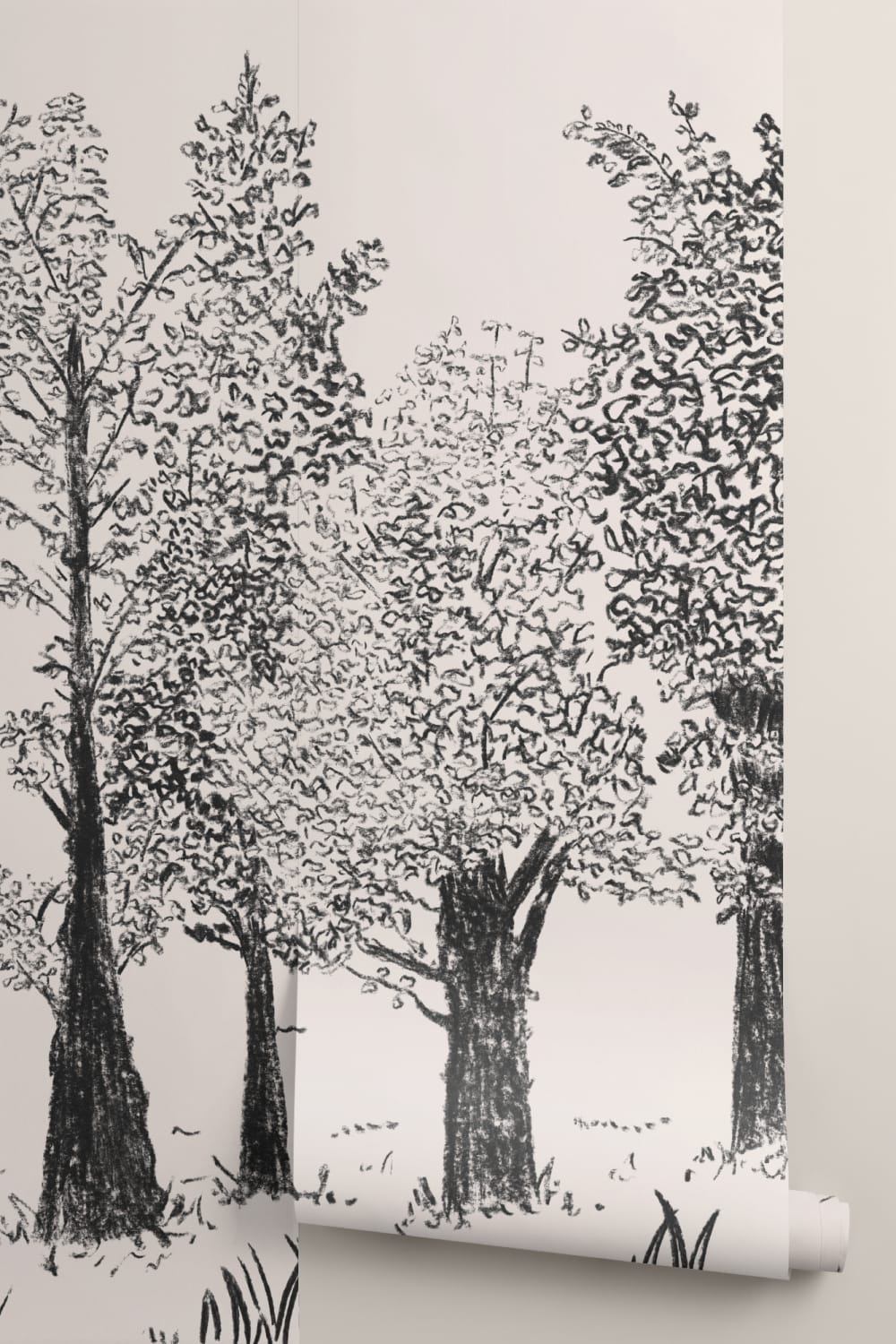 Papel pintado de bosque tradicional europeo ilustrado en negro