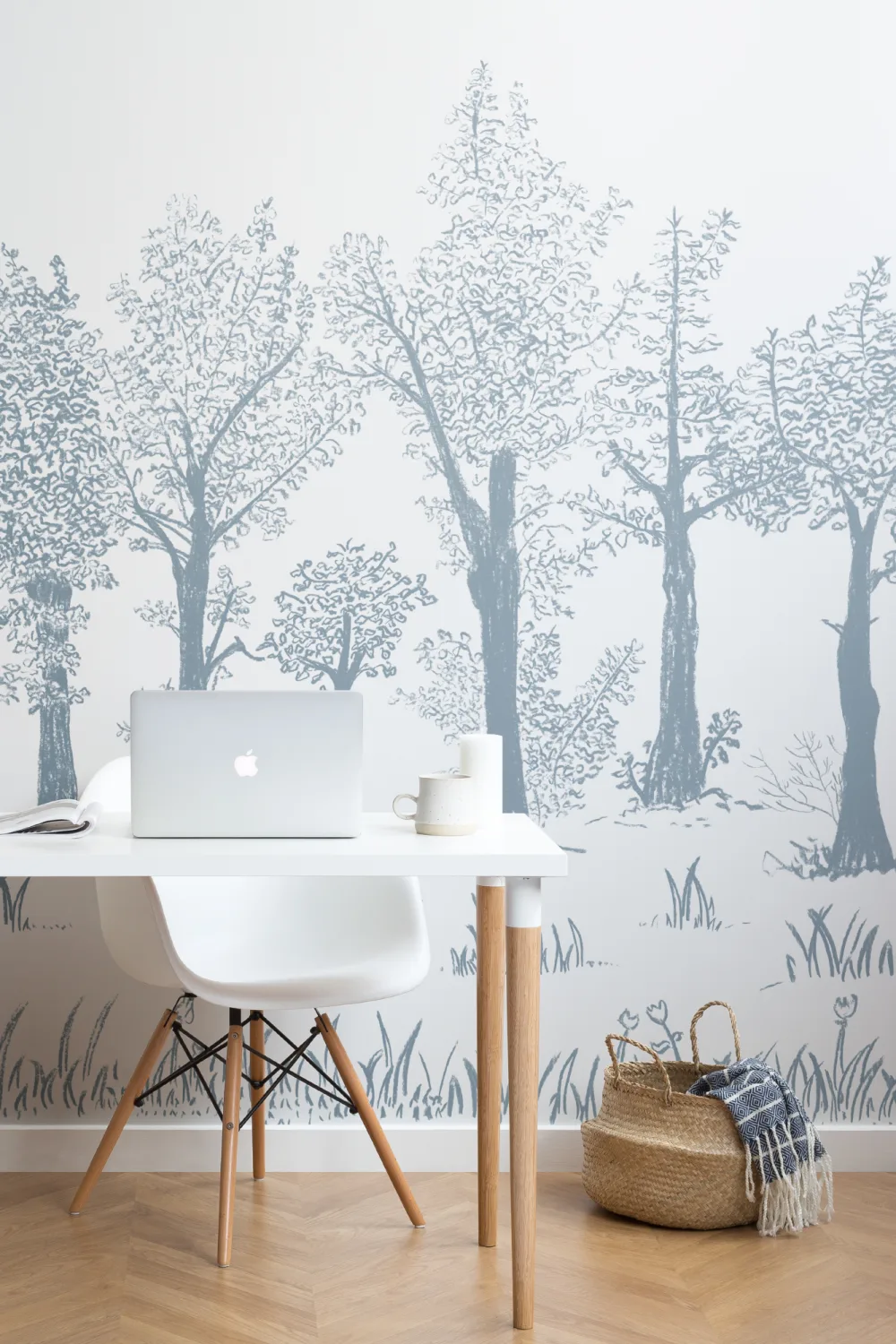 Blue Illustrated Traditional European Forest Mural