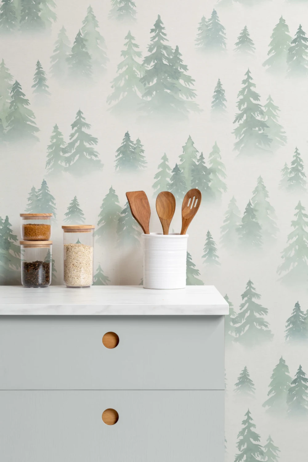 Green Watercolor Birch Tree Forest Wallpaper Mural