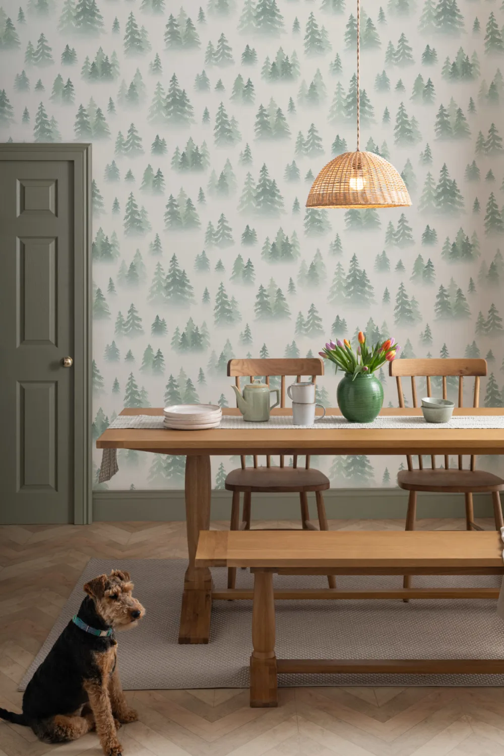 Green Watercolor Birch Tree Forest Wallpaper Mural