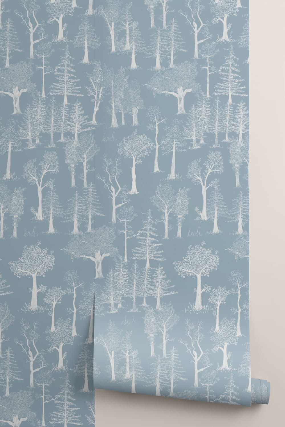 Blue Illustrated Traditional Forest Wallpaper