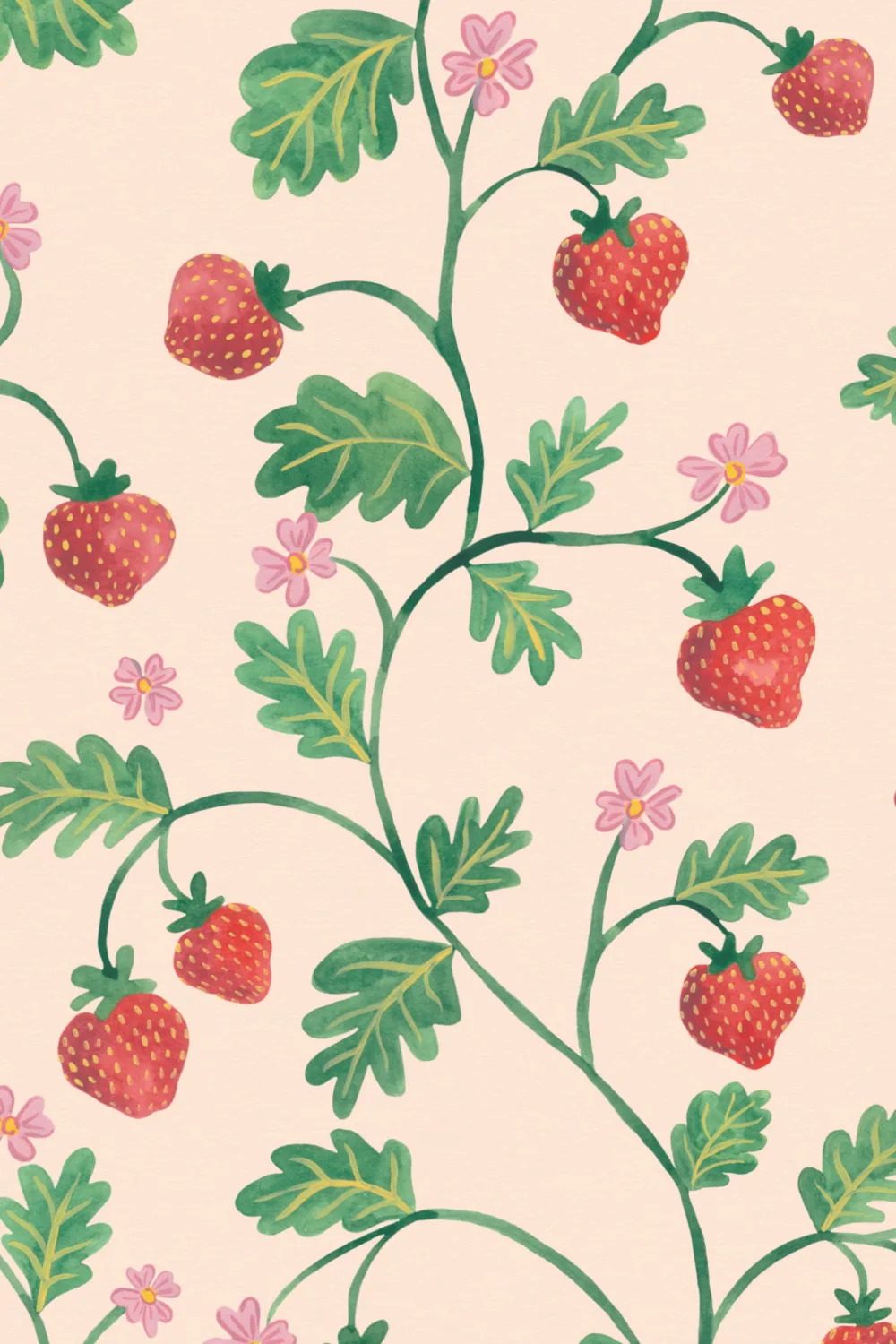 Carta da parati beige vintage acquerellata con fragole e fogliame