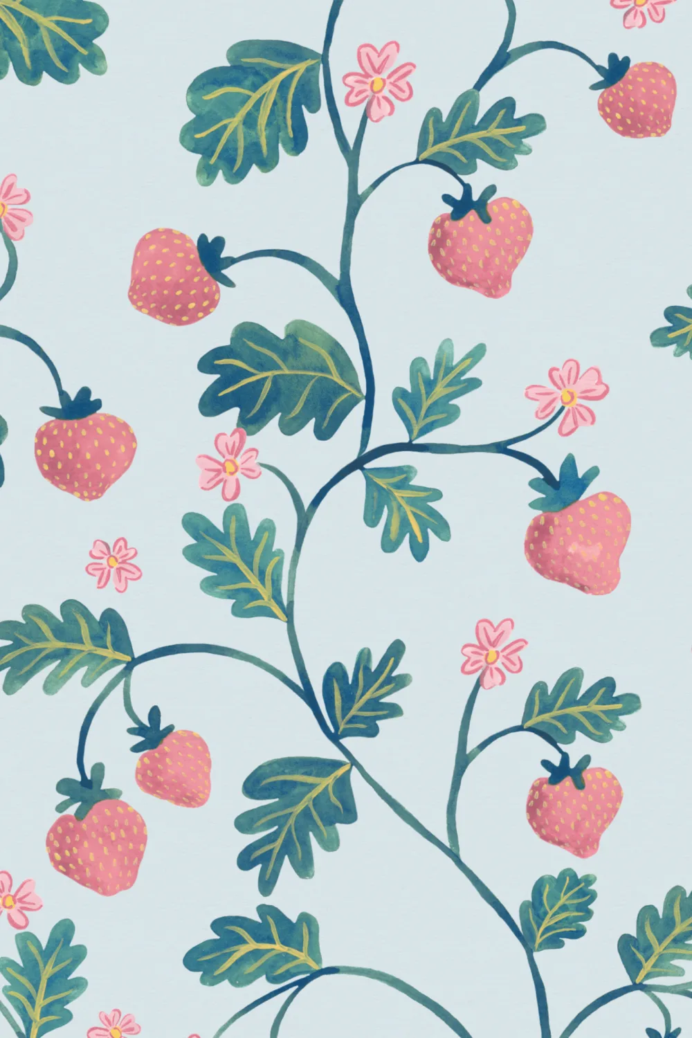 Papel de parede Vintage Azul Aguarela Morango & Folhagem