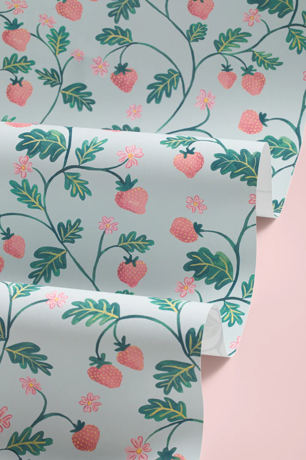 Papel de parede Vintage Azul Aguarela Morango & Folhagem