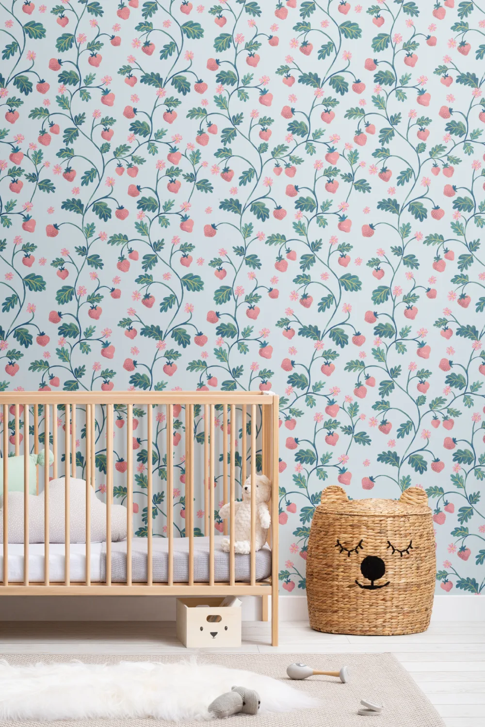 Papel de parede Vintage Azul Aguarela Morango & Folhagem