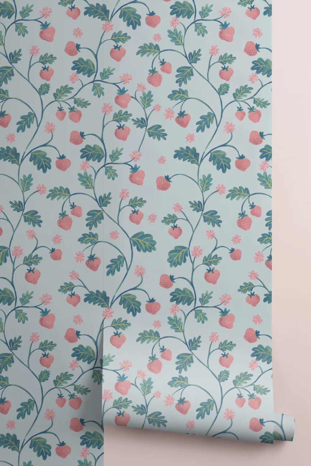 Papel de parede Vintage Azul Aguarela Morango & Folhagem