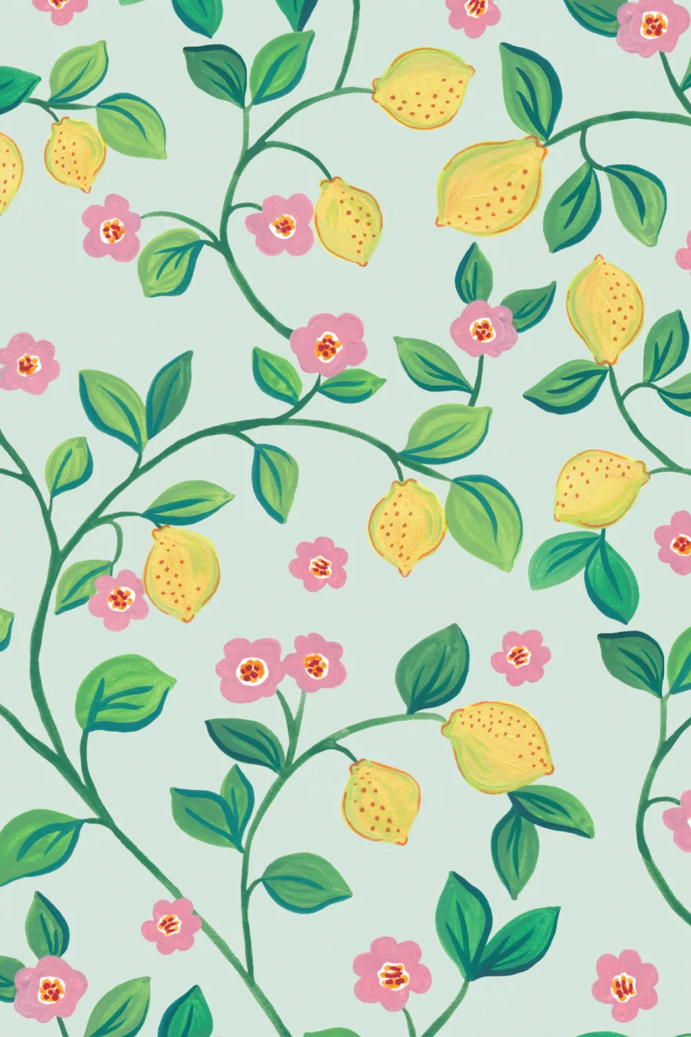Carta da parati blu Piccoli limoni botanici