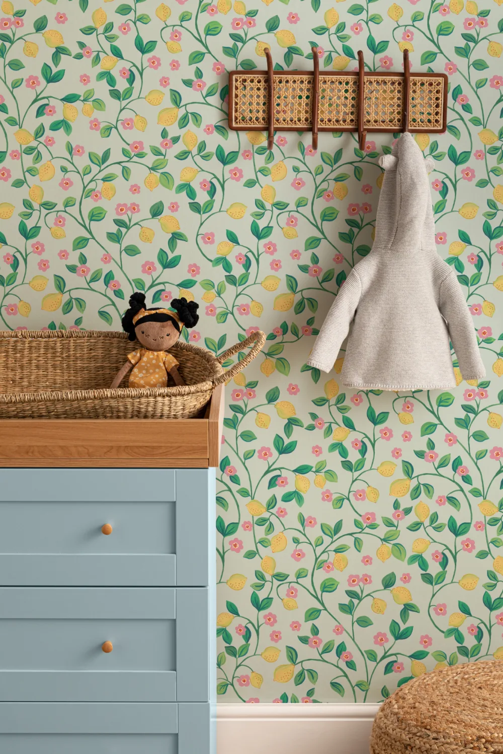 Carta da parati blu Piccoli limoni botanici