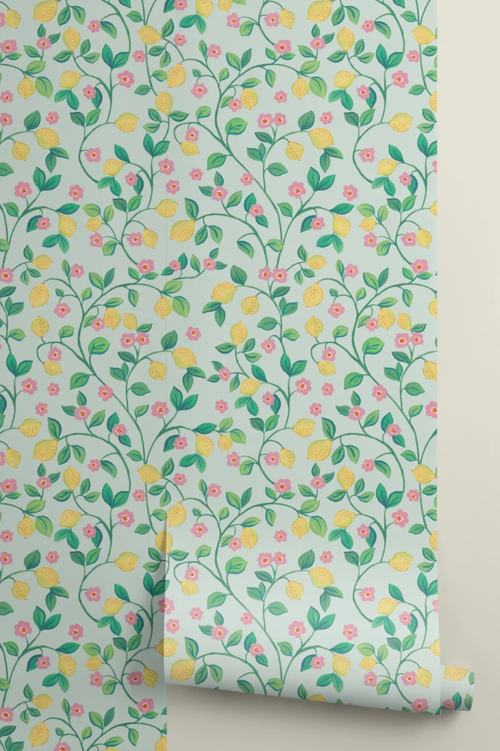 Carta da parati blu Piccoli limoni botanici