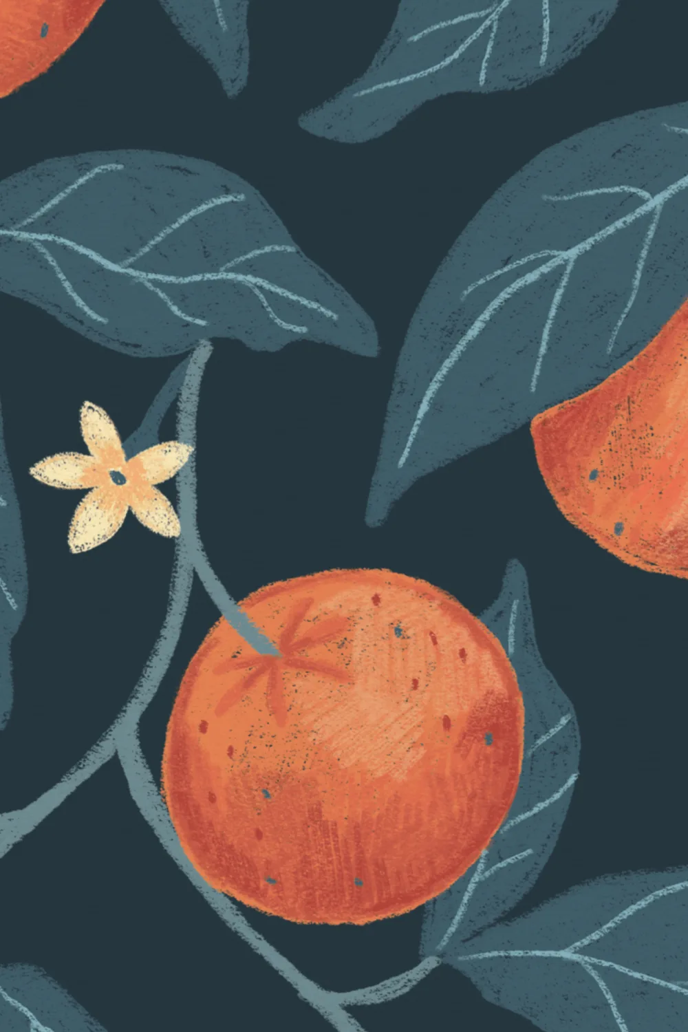 Dark Blue Botanical Oranges Mural