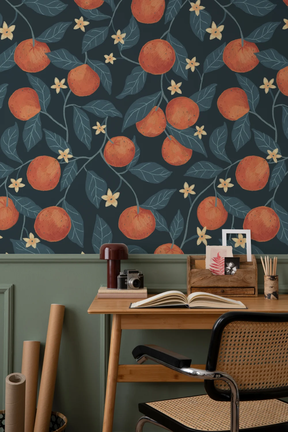 Dark Blue Botanical Oranges Mural