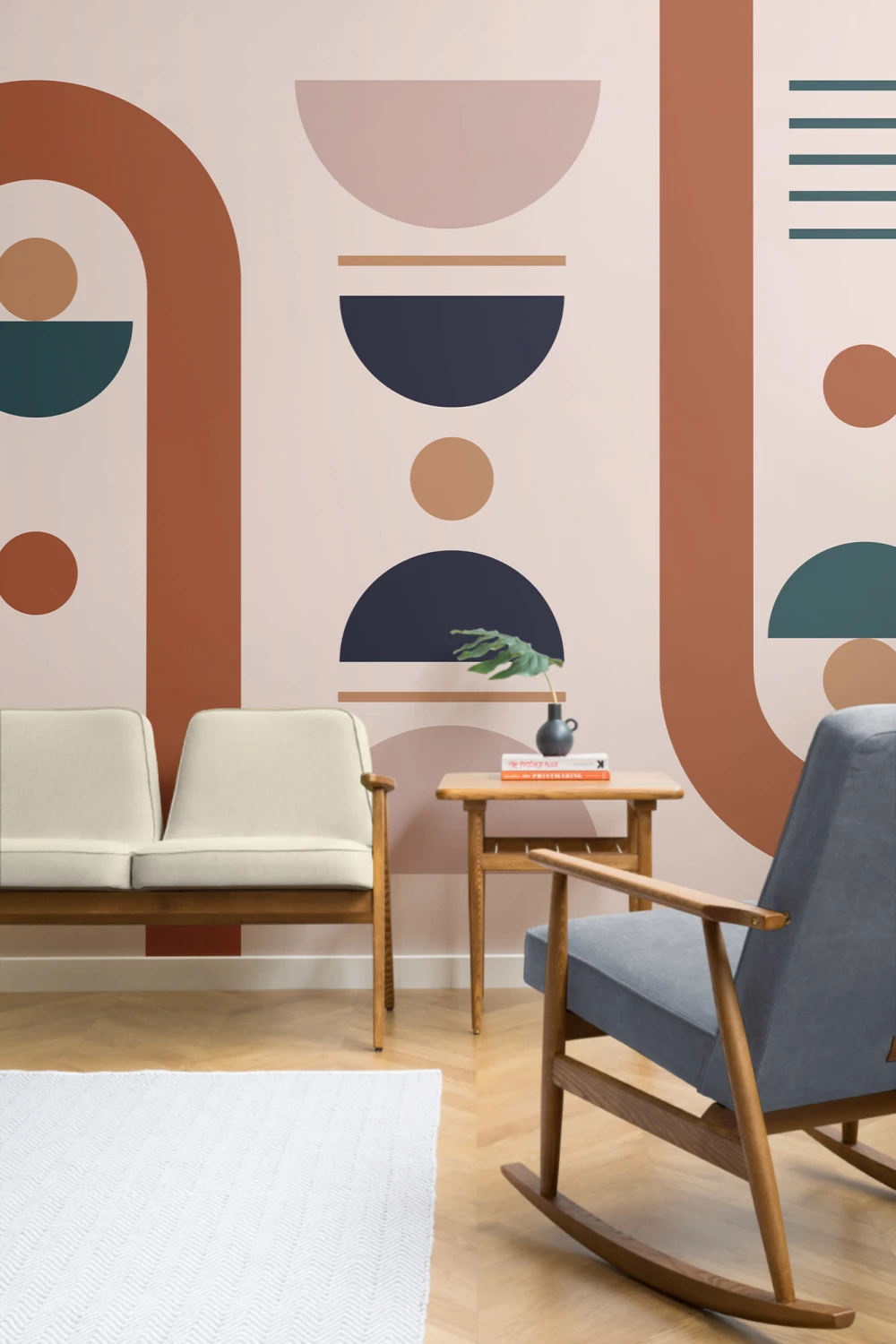 Mural de Papel de Parede Geométrico Neutro Estilo Mid Century Shapes
