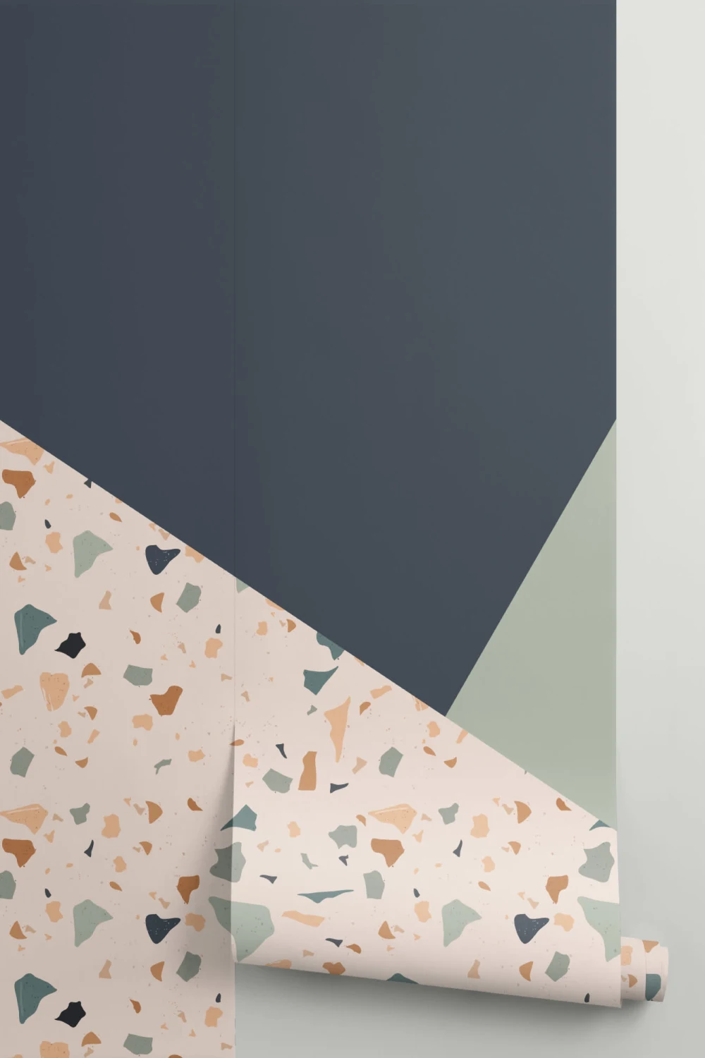 Carta da Parati Forme Geometriche in Blu Verde e Motivo Terrazzo alla Veneziana