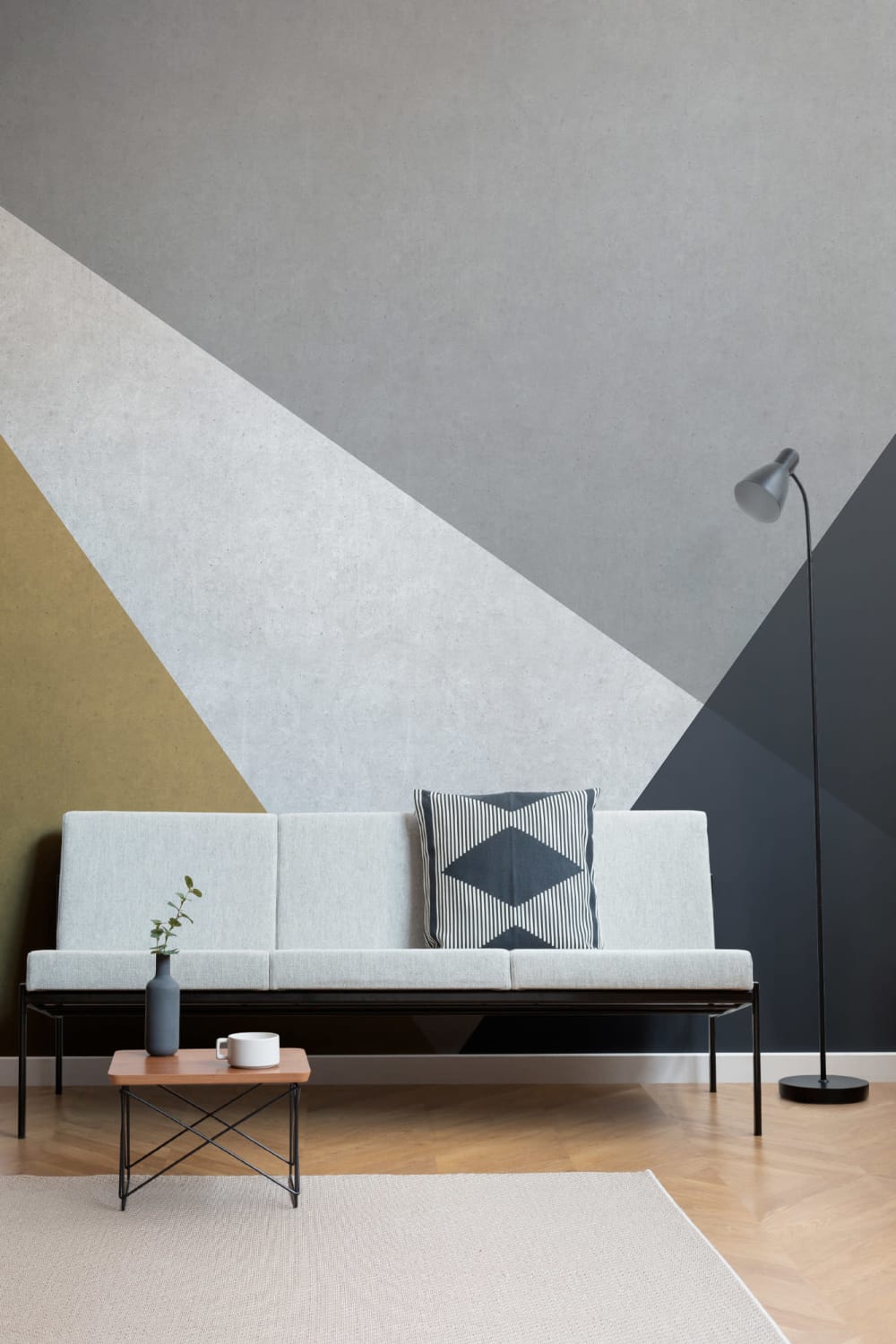 Gray, Blue & Gold Concrete Effect Geometric Wallpaper Mural