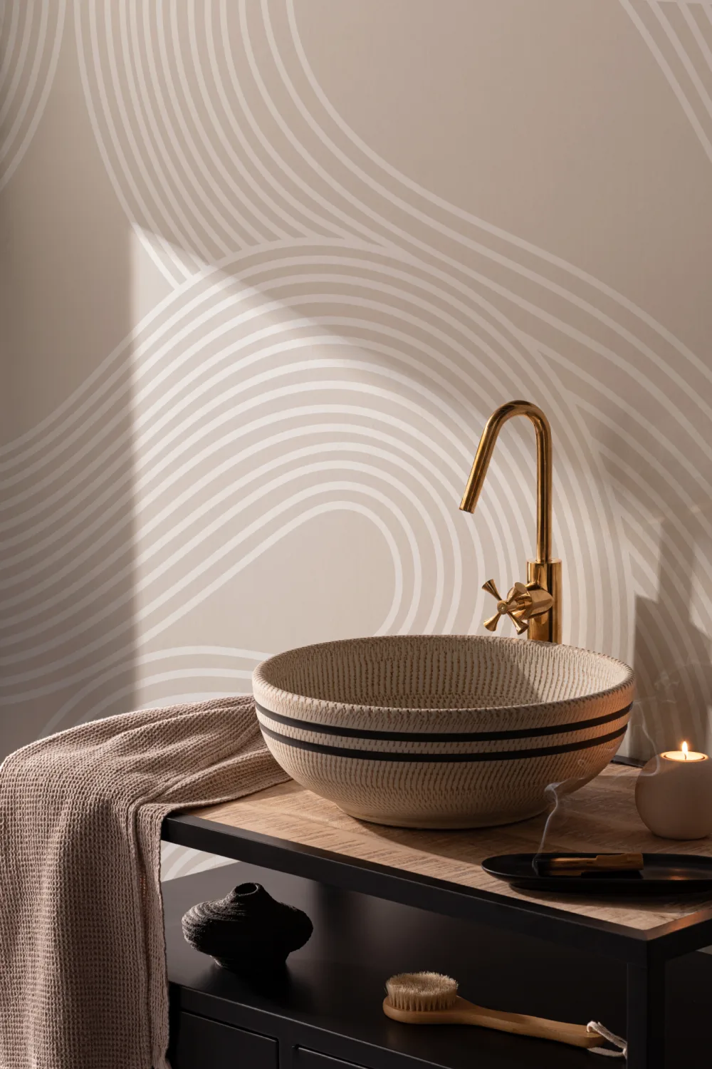 Neutral Curvy Lines Modern Zen Garden Wallpaper Mural