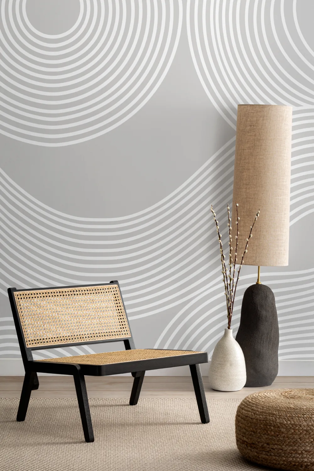 Gray Curvy Lines Modern Zen Garden Wallpaper Mural
