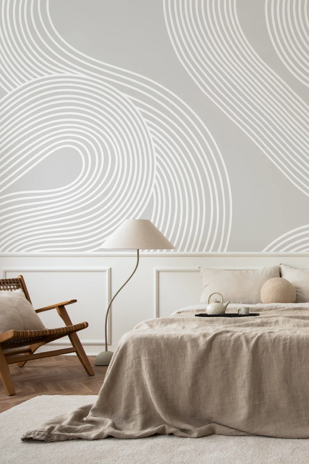 Gray Curvy Lines Modern Zen Garden Wallpaper Mural