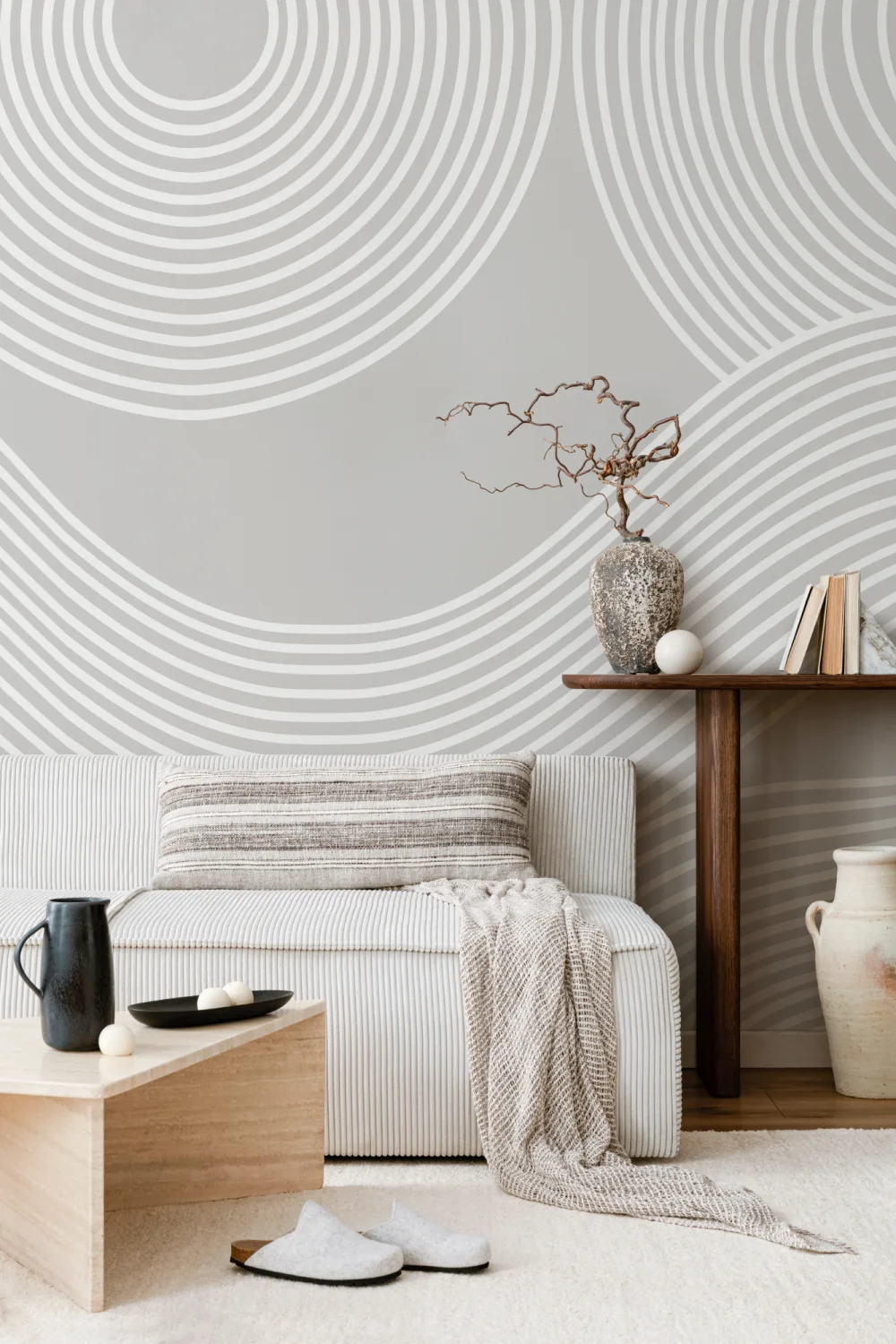 Gray Curvy Lines Modern Zen Garden Wallpaper Mural