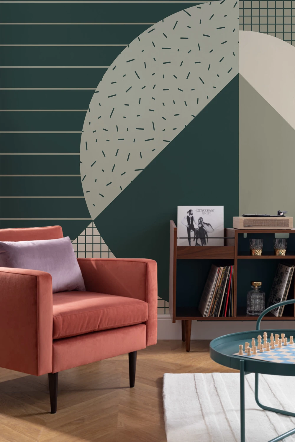 Carta da Parati Verde con Figure Geometriche in Stile Memphis
