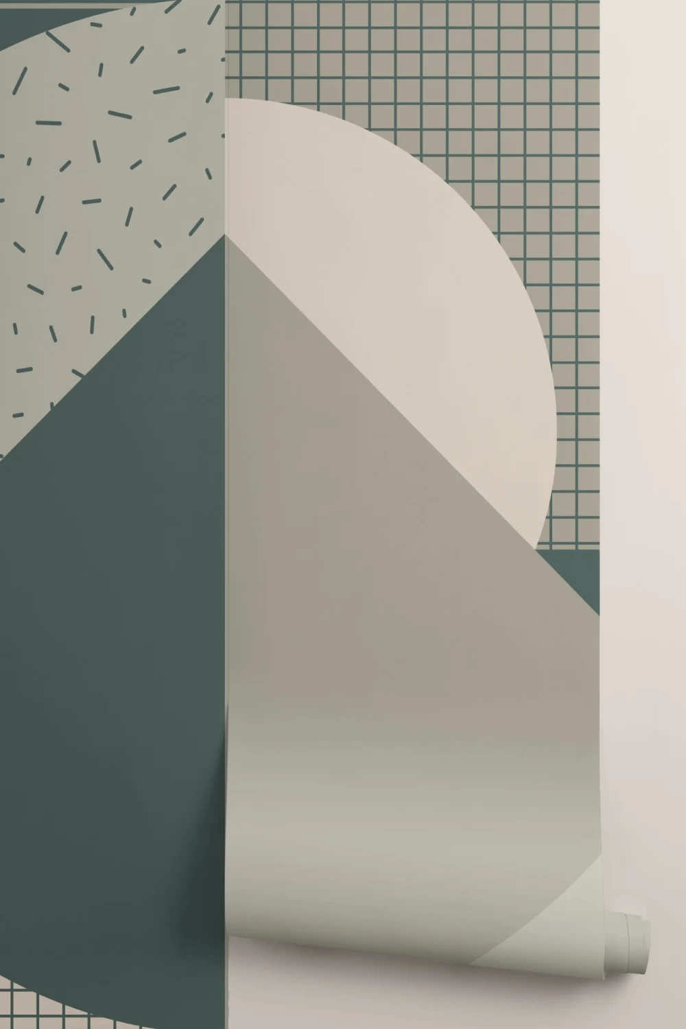 Carta da Parati Verde con Figure Geometriche in Stile Memphis