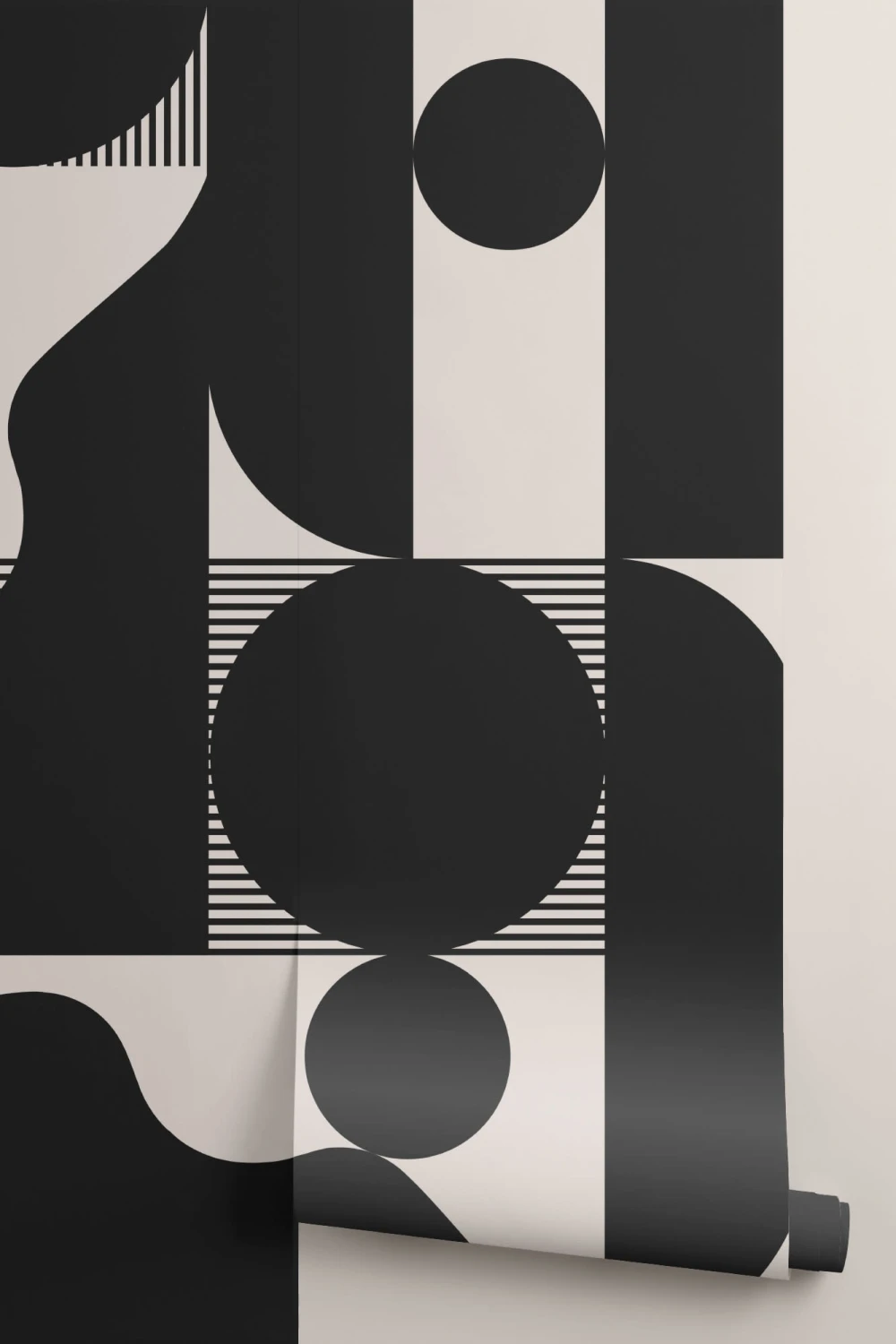 Papier Peint Panoramique Beige et Noir avec Formes Géométriques Abstraites