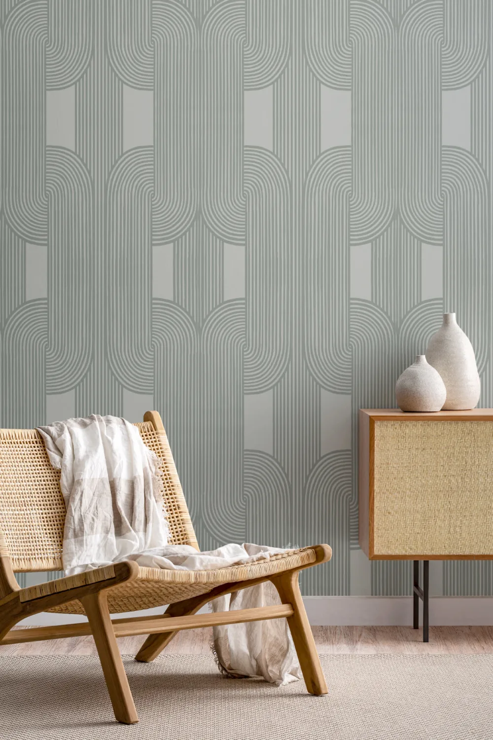 Papier Peint Vert à Motifs de Lignes Courbes Entrelacées