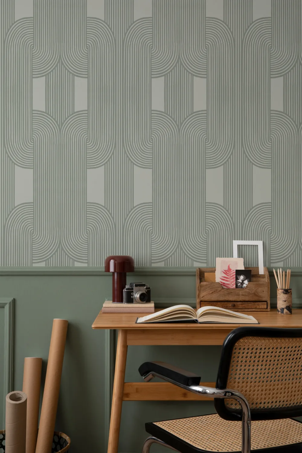 Papier Peint Vert à Motifs de Lignes Courbes Entrelacées