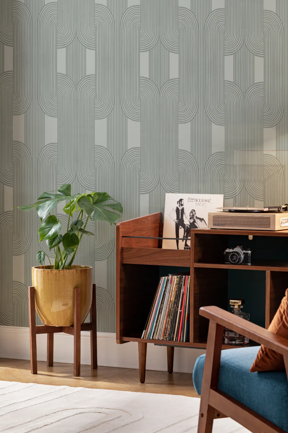 Papier Peint Vert à Motifs de Lignes Courbes Entrelacées