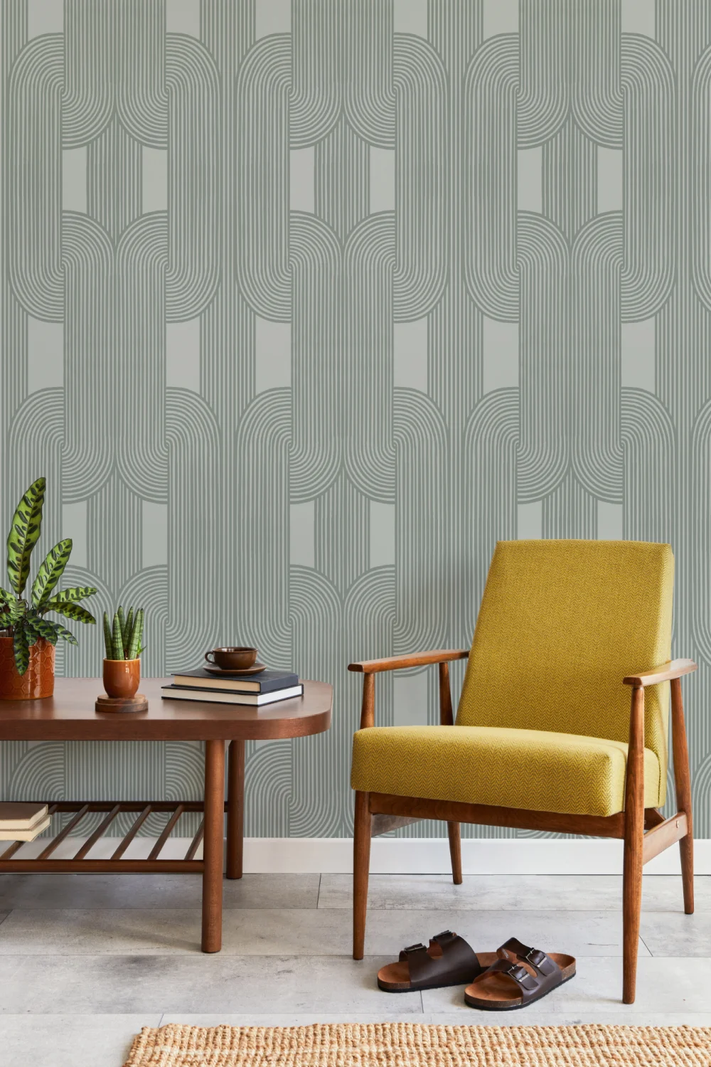 Papier Peint Vert à Motifs de Lignes Courbes Entrelacées