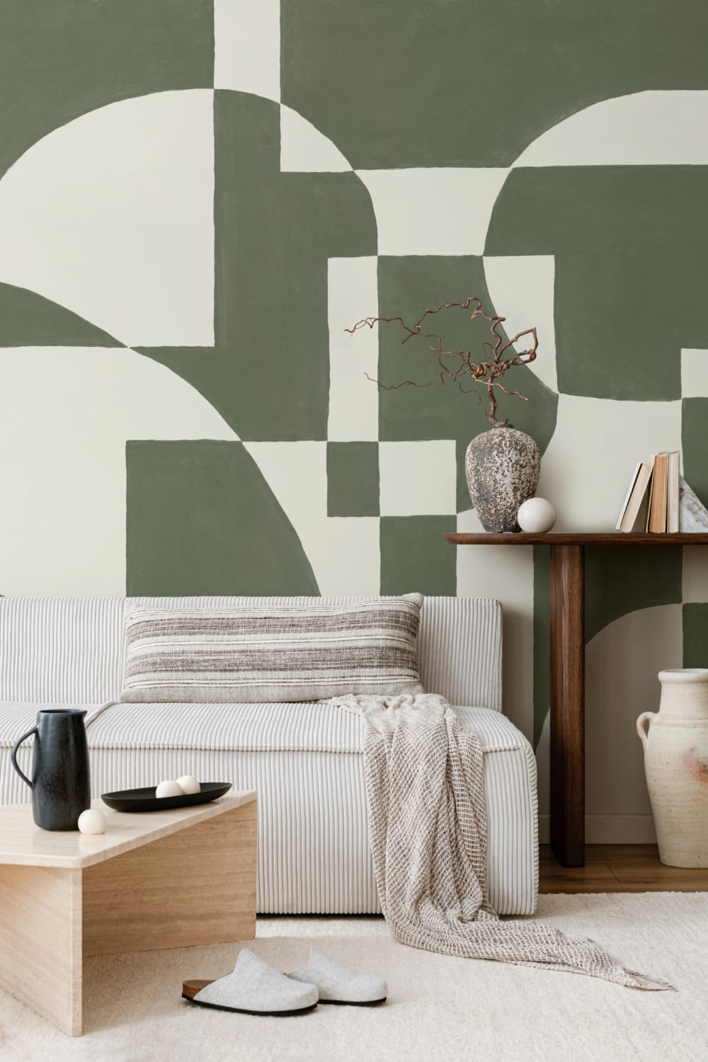 Dark Green Scandinavian Abstract Geometric Mural