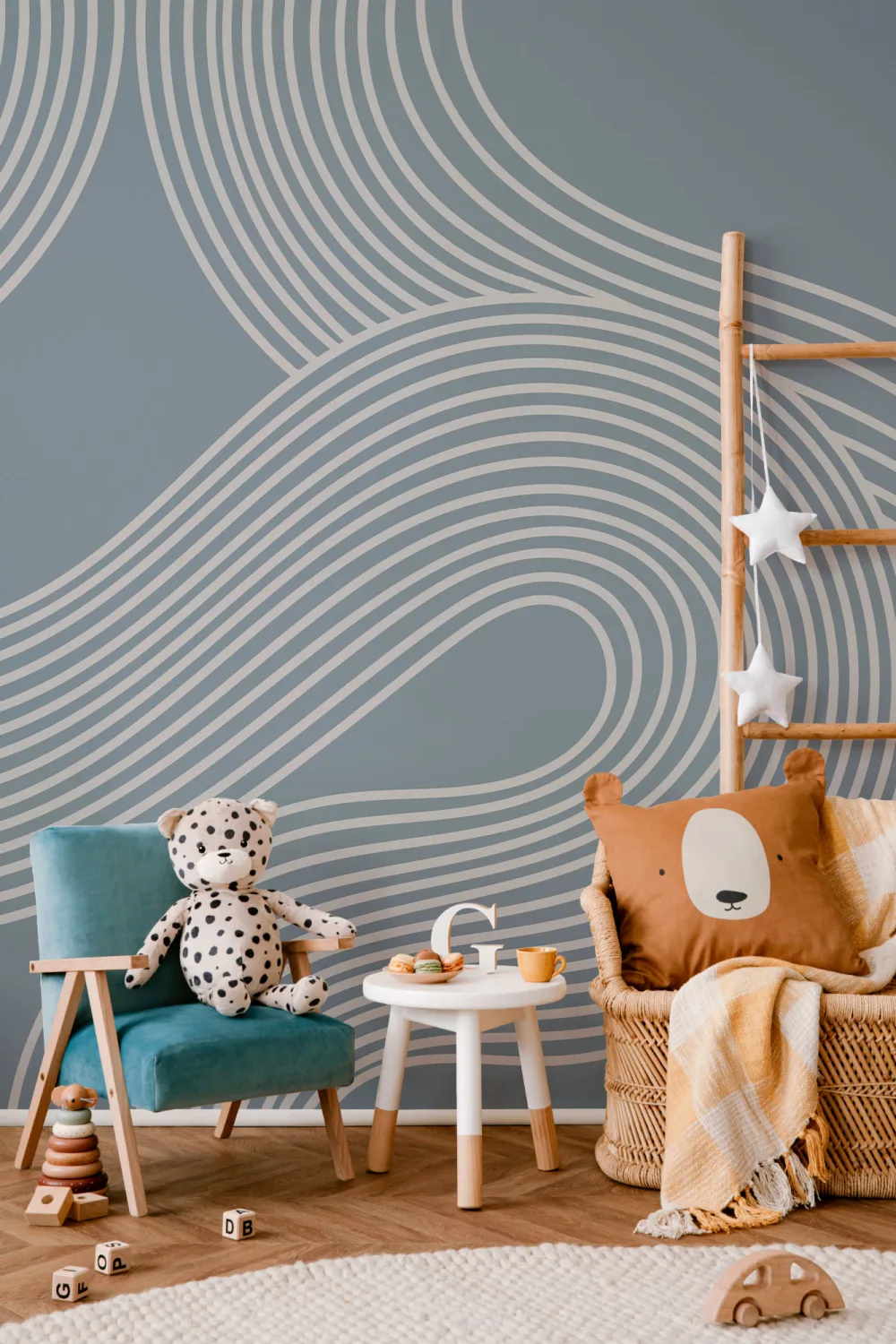 Blue Curvy Lines Zen Garden Pattern Mural
