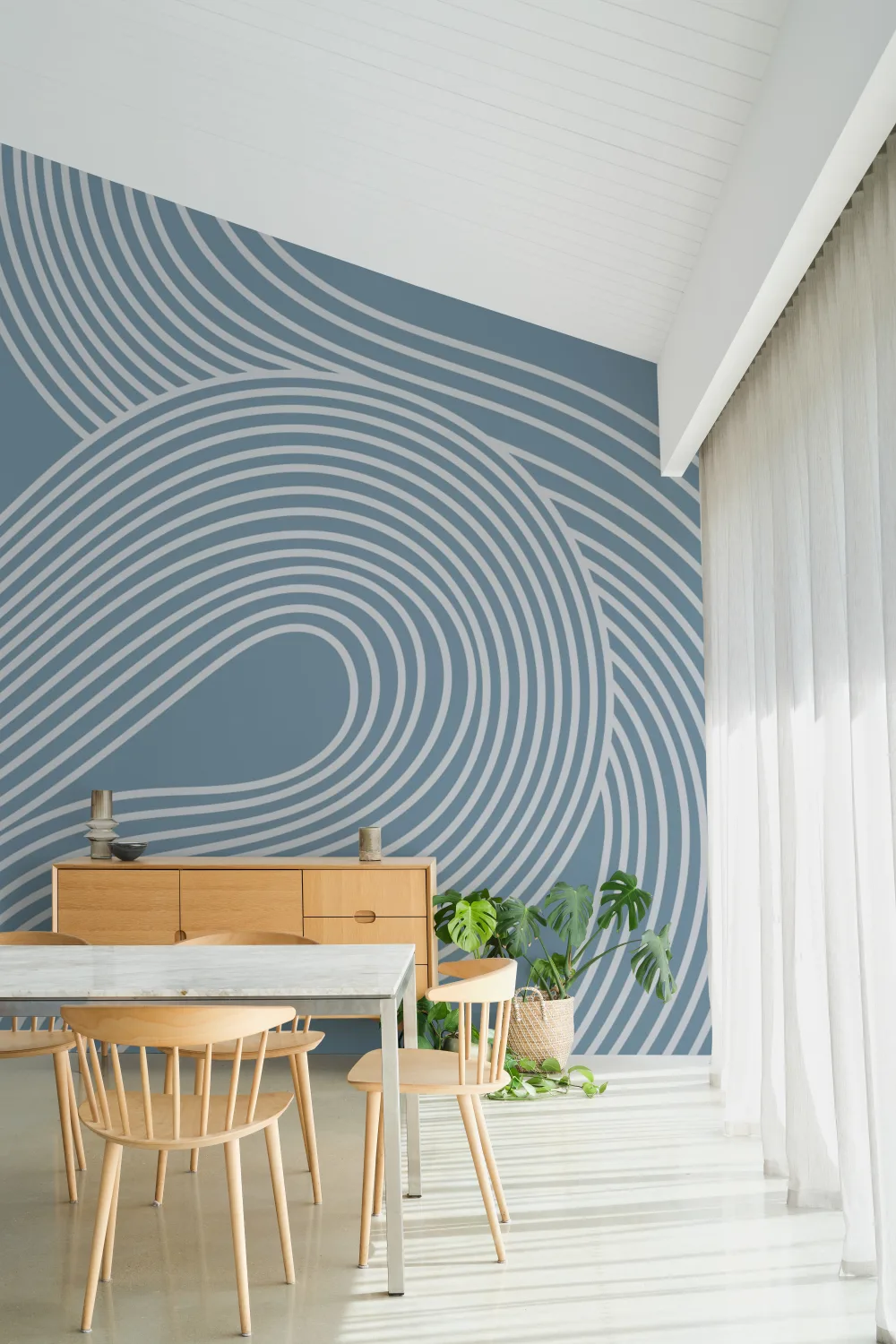 Blue Curvy Lines Zen Garden Pattern Mural