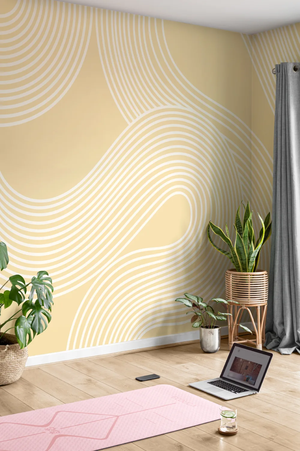 Yellow Curvy Lines Modern Zen Garden Mural
