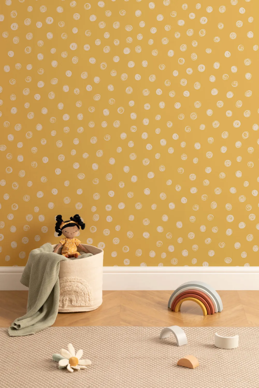 Yellow Illustrated Polka Dot Wallpaper Mural