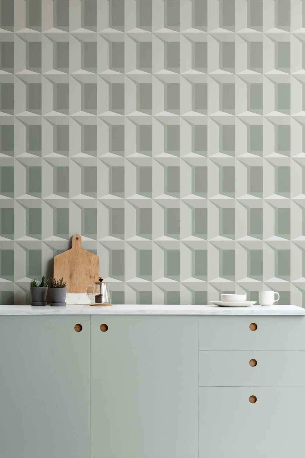 Papel Pintado 3D con Motivo de Formas Geométricas Efecto Ventanas en Tonos Verdes