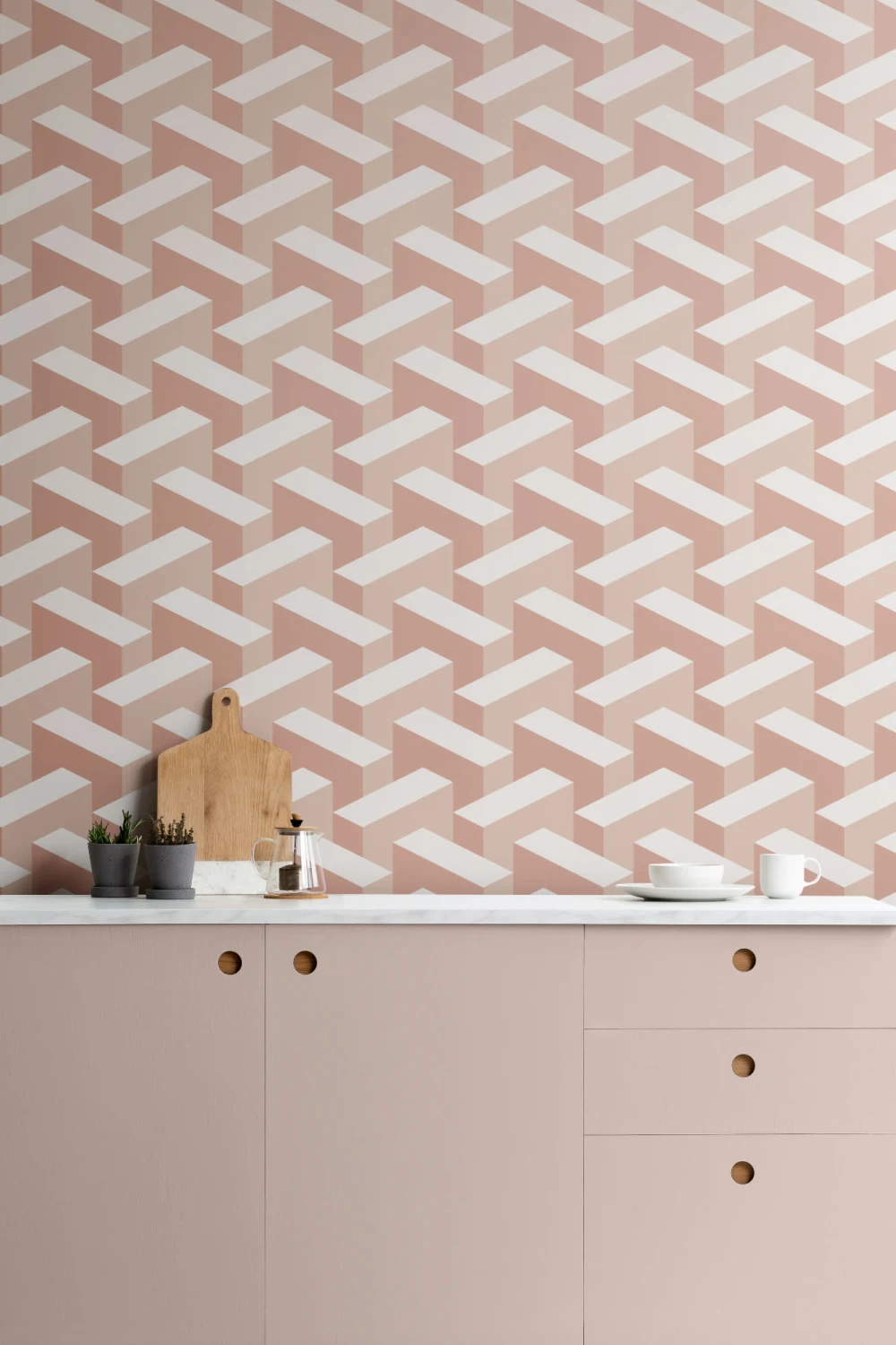 Pink Modern 3D Effect Geometric Repeat Pattern Wallpaper
