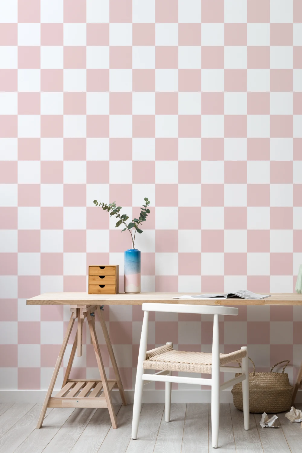 Papier Peint Damier à Motifs Répétés en Blanc et Rose