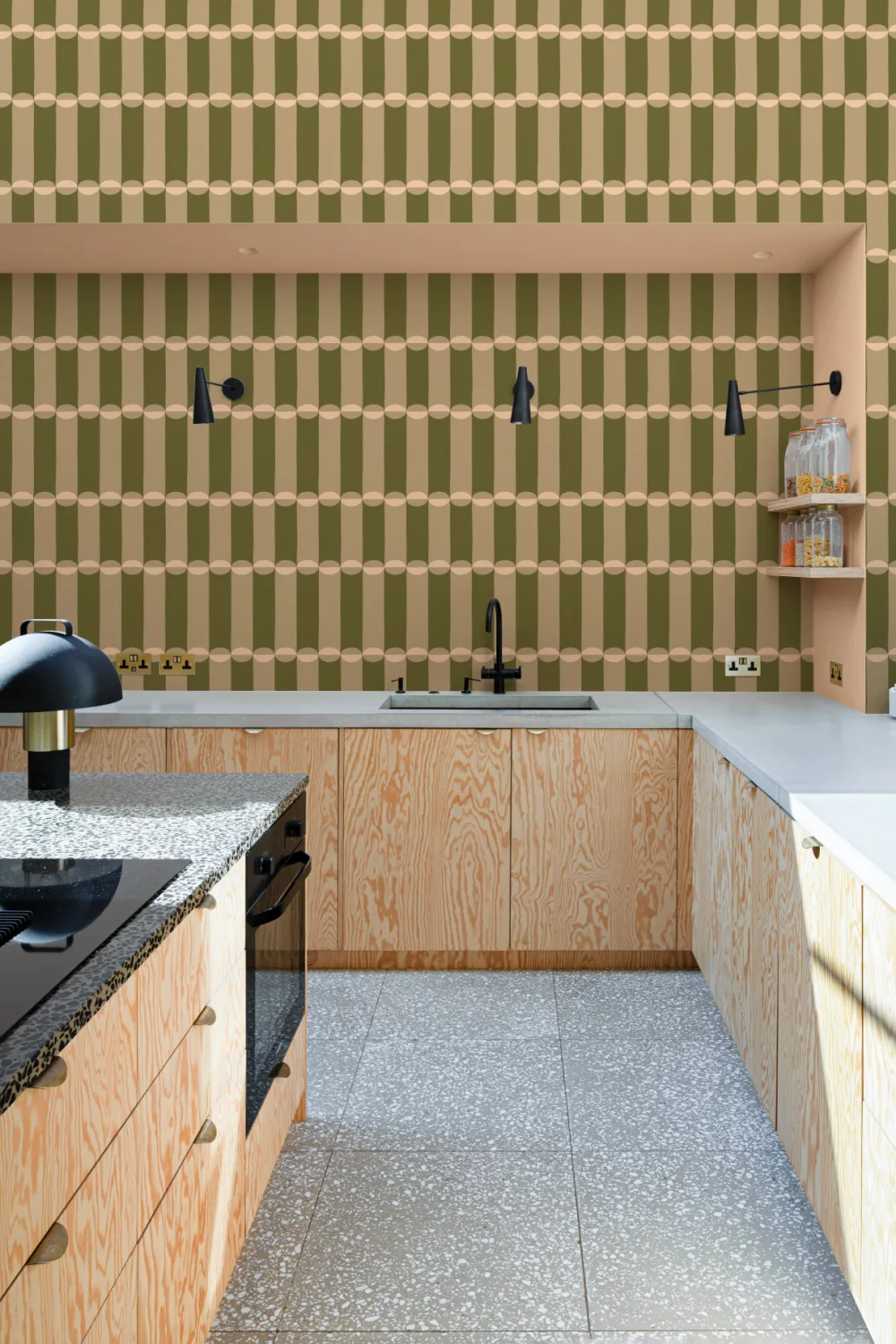 Olive and Pink Tubular Retro Geometric Pattern Wallpaper Mural