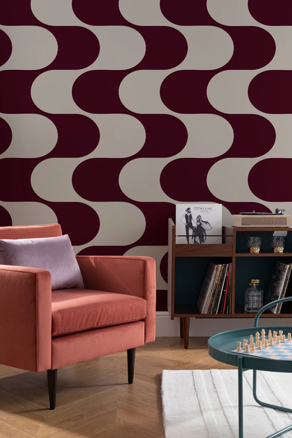 Burgundy Golfpatroon Geometrische Feature Muurschildering