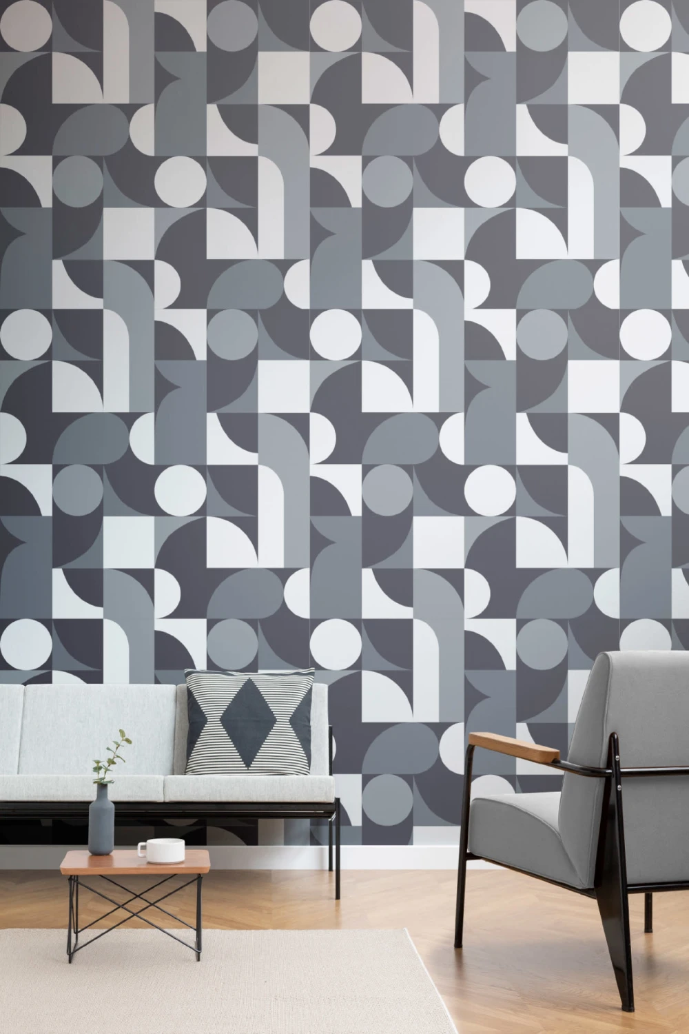 Blue Mid-Century Geometric Collage Wall Mural