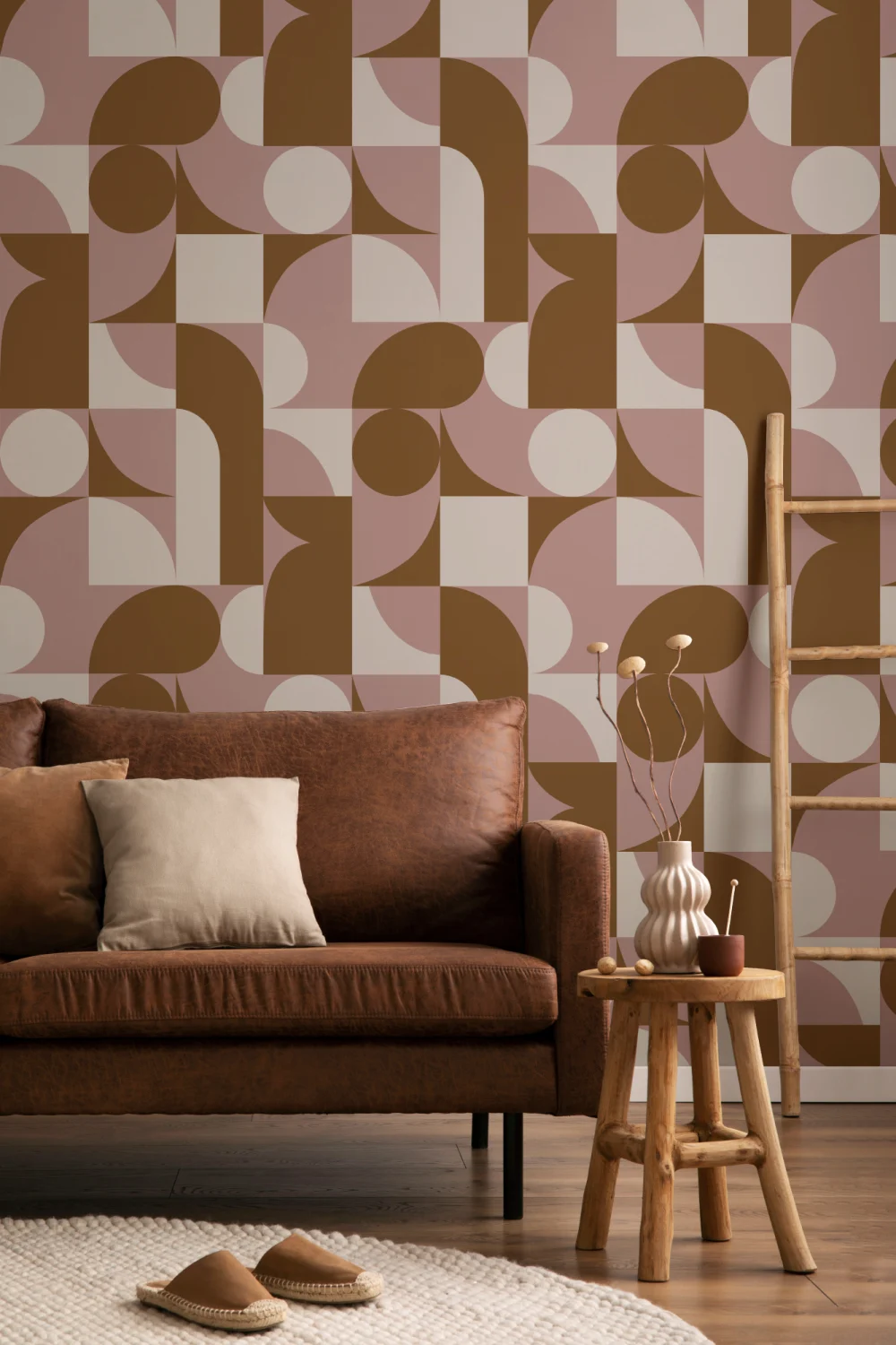 Brown Mid-Century Geometric Collage Wall Mural