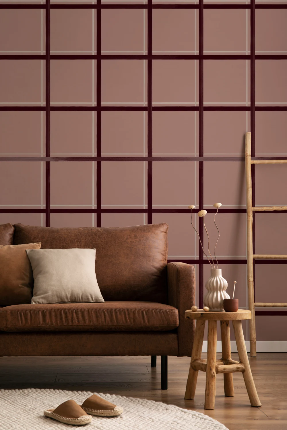 Bordeaux geometrisch geruit patroon muurschildering ontwerp