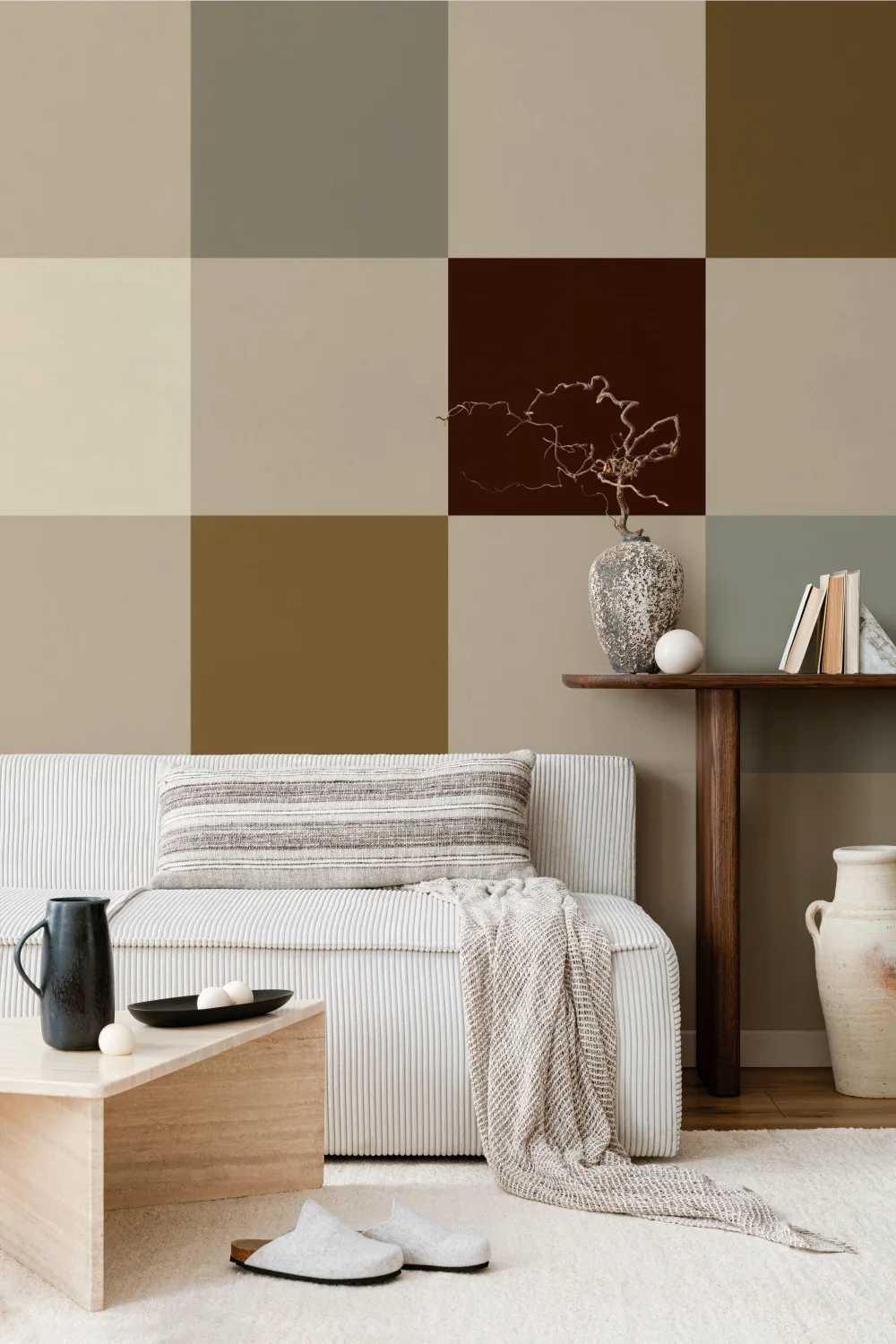 Veelkleurige beige geometrische geruite muurschildering