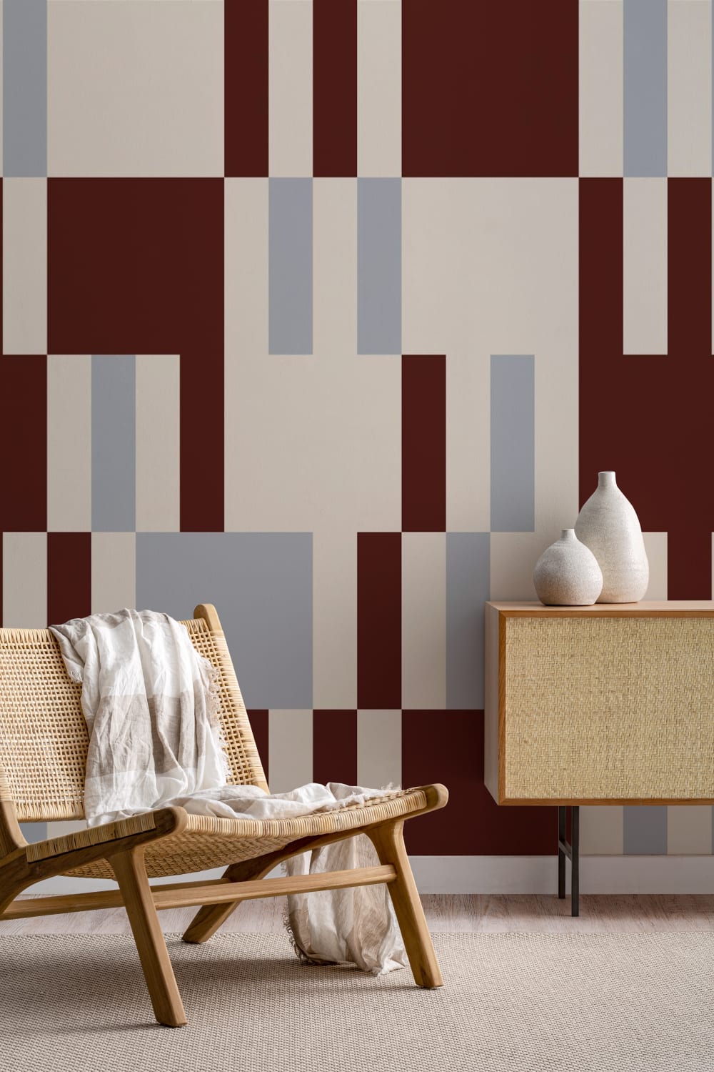 Bordeaux geometrisch abstract geruit patroon muurschildering
