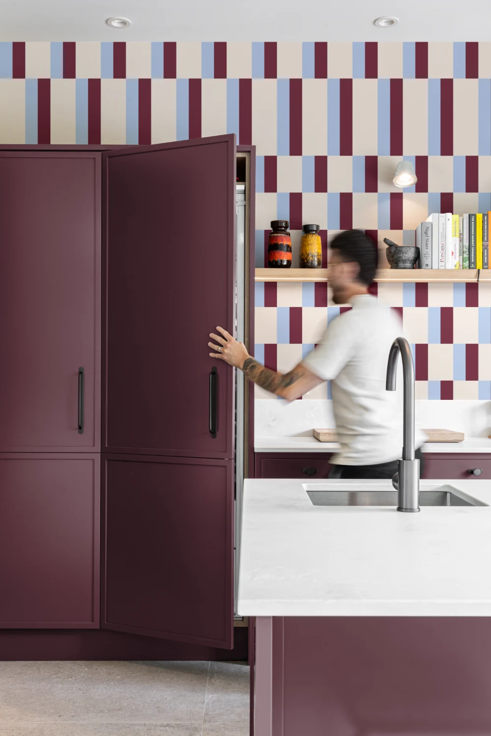 Blue & Burgundy Modern Geometric Bauhaus Wallpaper