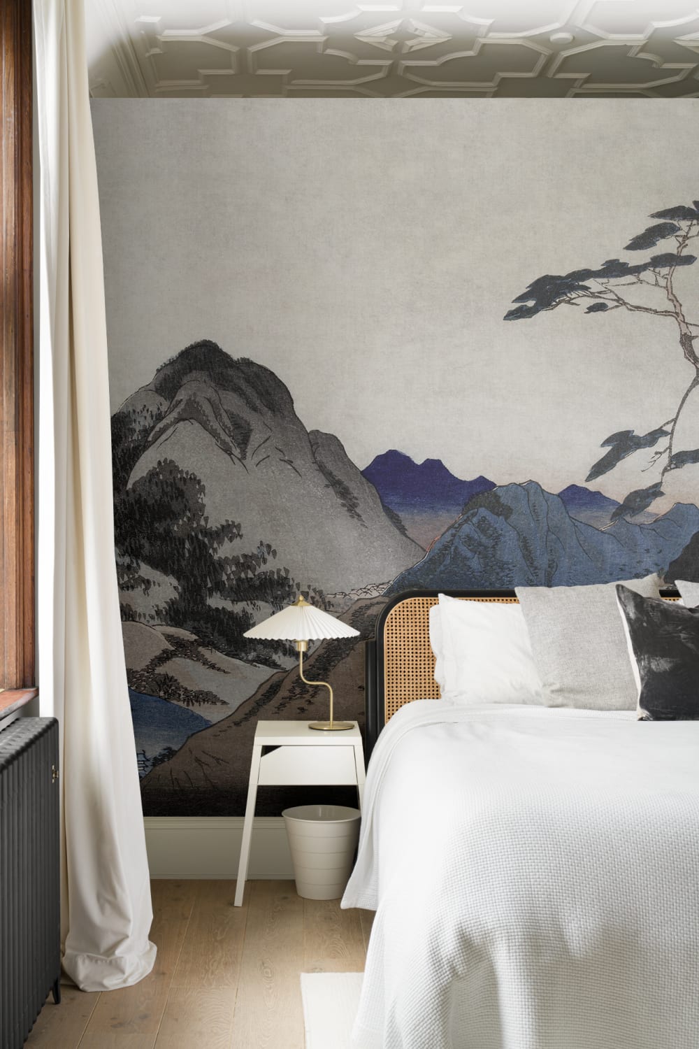 Mural de arte de montanha de paisagem japonesa bege e azul