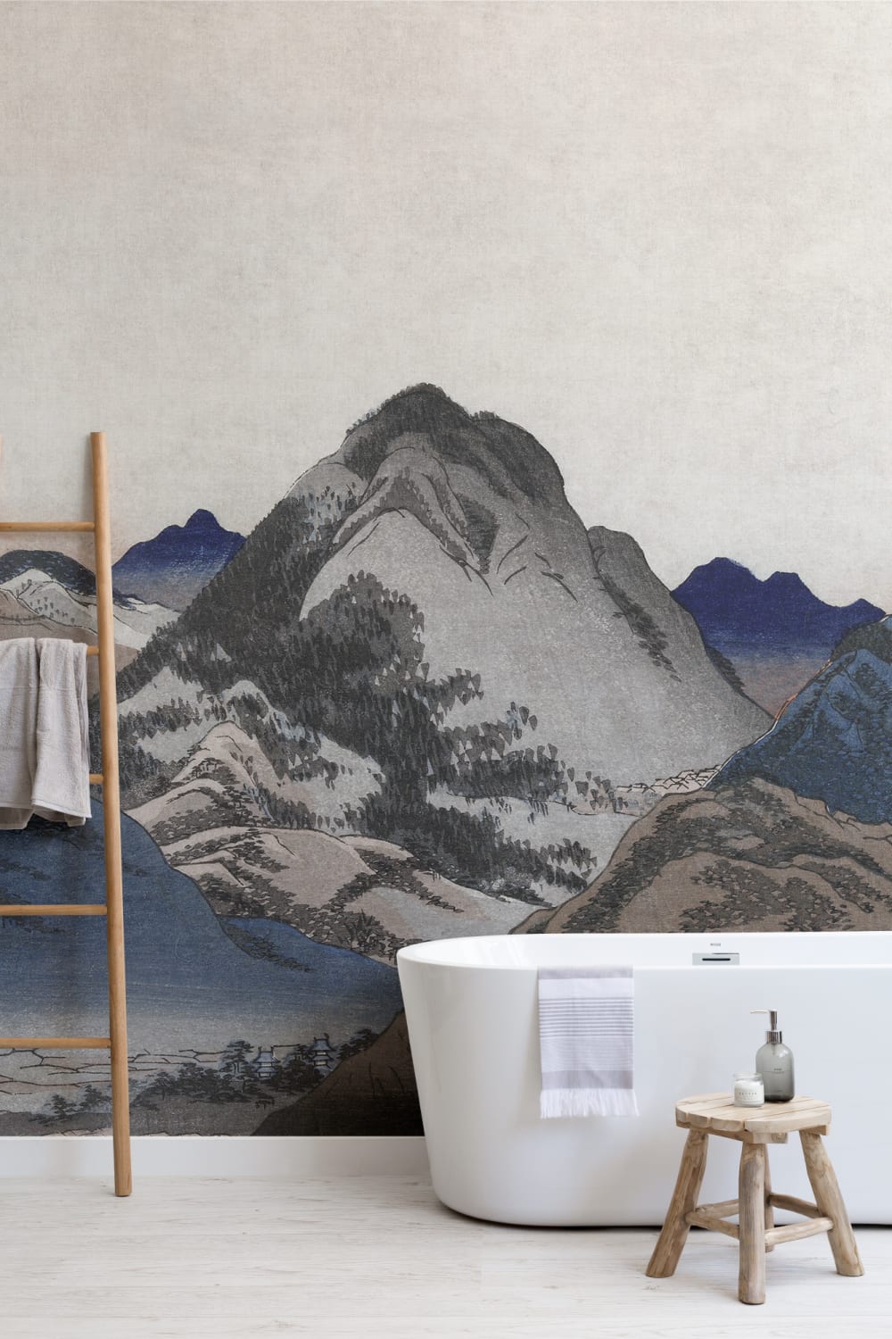 Mural de arte de montanha de paisagem japonesa bege e azul